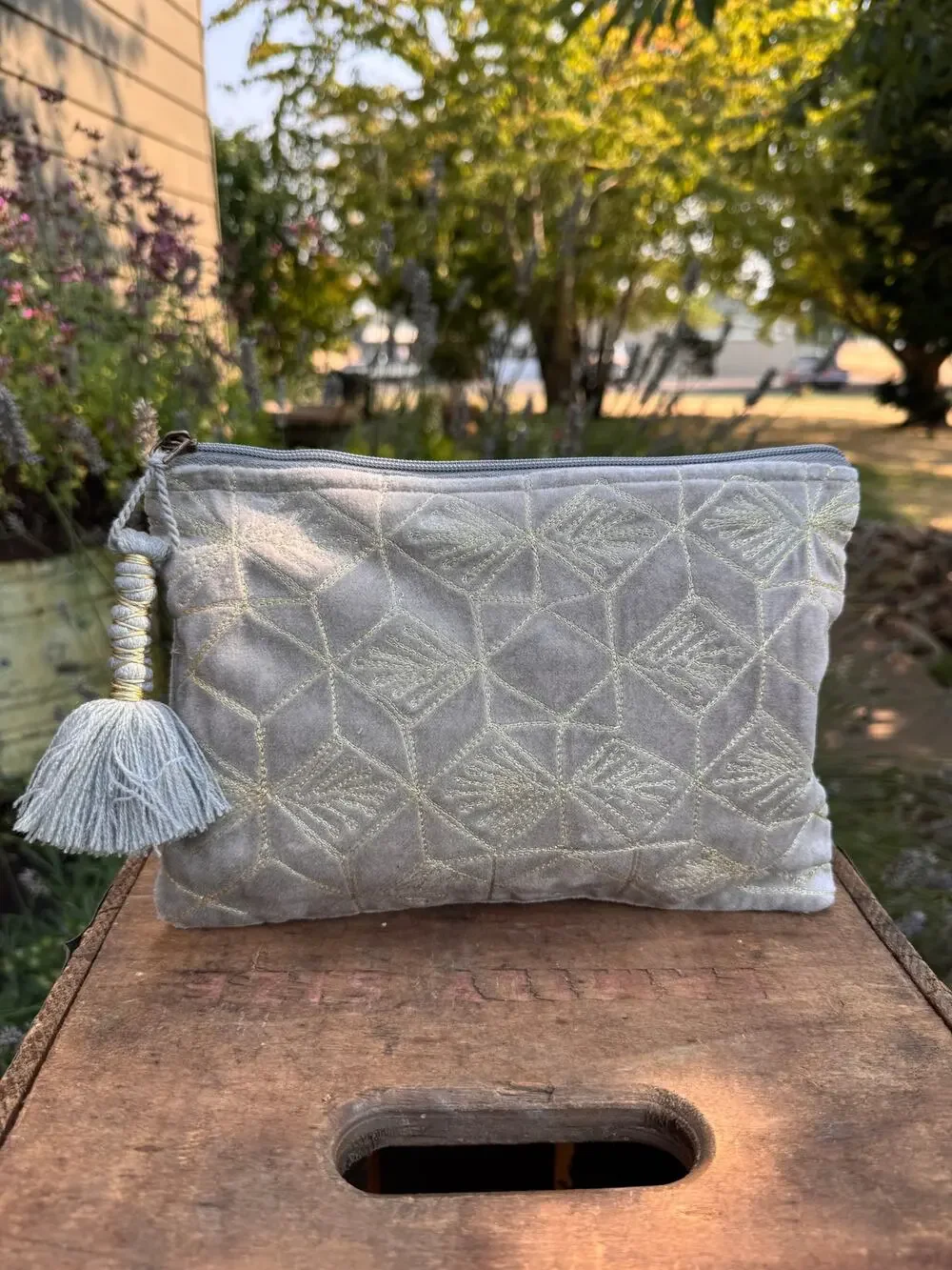 Gray and Gold Velvet Bag 10 x 7 Pouch Gray Makeup Travel Bag